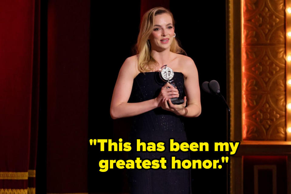 Jodie Comer accepts the award for Best Leading Actress in a Play for "Prima Facie" onstage during The 76th Annual Tony Awards