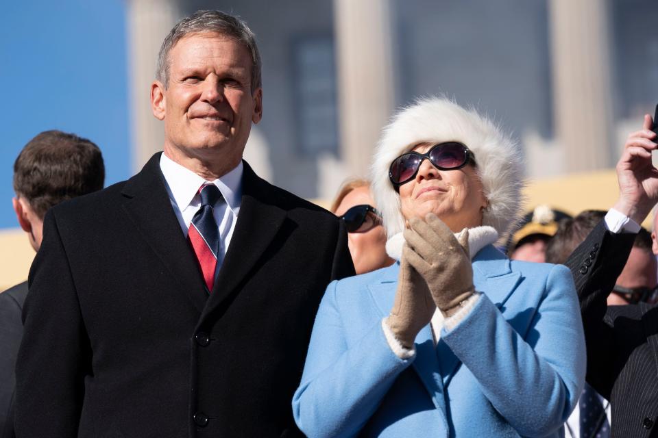 Governor Bill Lee stands with First Lady Maria Lee during the Inauguration Ceremony at Legislative Plaza Saturday, Jan. 21, 2023, in Nashville, Tenn. 