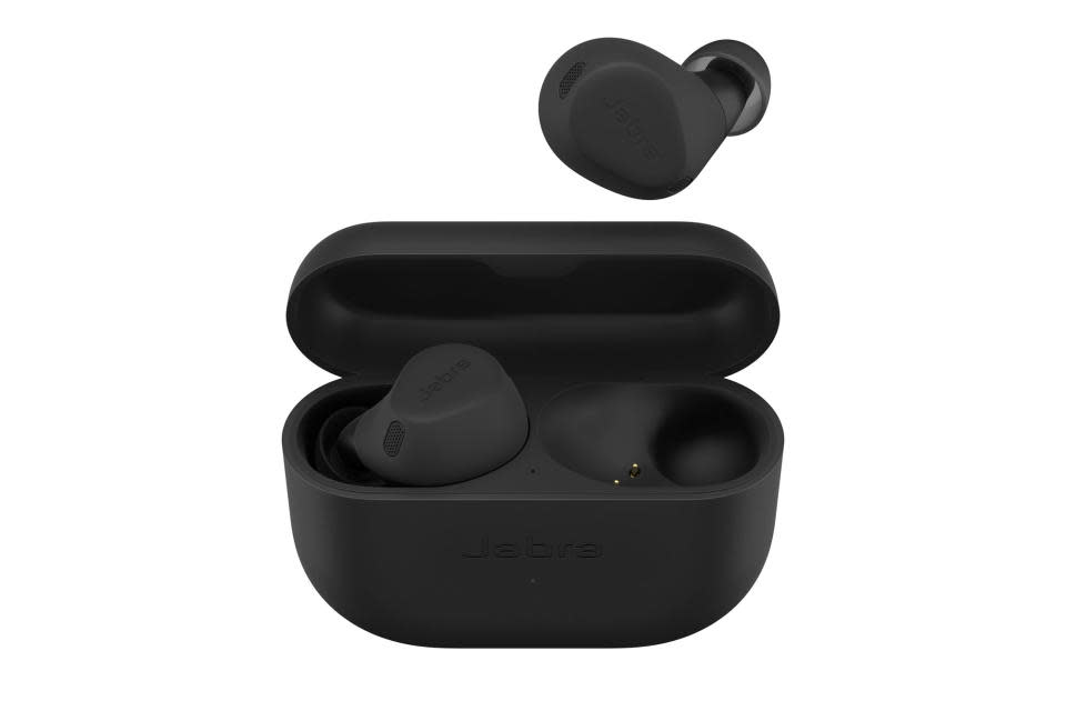 Product image of the Jabra Elite 8 Active wireless earbuds (black). The left earbud is in the case (also black), and the right earbud floats above it. Plain white background.