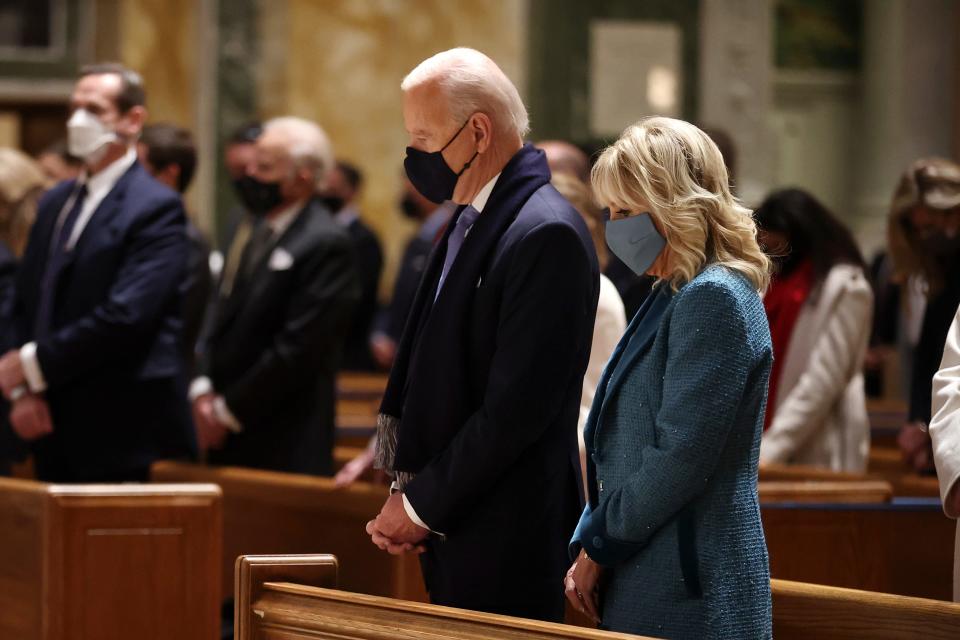 President-elect Joe Biden and Dr. Jill Biden attend services at the Cathedral of St. Matthew the Apostle on Jan. 20, 2021 in Washington, DC.