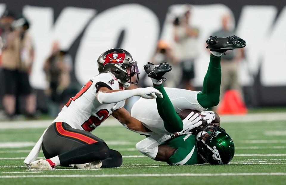 New York Jets wide receiver Jason Brownlee (16) catches the ball in the first half of a preseason NFL game against the Tampa Bay Buccaneers at MetLife Stadium on Saturday, Aug. 19, 2023, in East Rutherford.