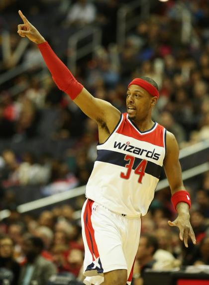 WASHINGTON, DC - FEBRUARY 07: Paul Pierce #34 of the Washington Wizards celebrates after making a three pointer against the Brooklyn Nets during the first half at Verizon Center on February 7, 2015 in Washington, DC. NOTE TO USER: User expressly acknowledges and agrees that, by downloading and or using this photograph, User is consenting to the terms and conditions of the Getty Images License Agreement. (Photo by Rob Carr/Getty Images)