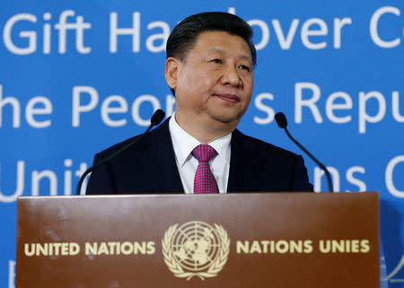 FILE PHOTO: Chinese President Xi Jinping addresses the guests during a gift handover ceremony at the United Nations European headquarters in Geneva, Switzerland, January 18, 2017. REUTERS/Denis Balibouse/File Photo
