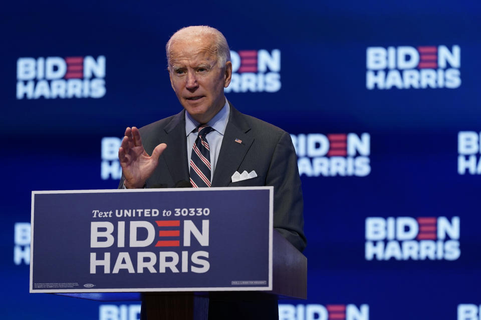 Democratic presidential candidate former Vice President Joe Biden speaks after participating in a coronavirus vaccine briefing with public health experts, Wednesday, Sept. 16, 2020, in Wilmington, Del. (AP Photo/Patrick Semansky)