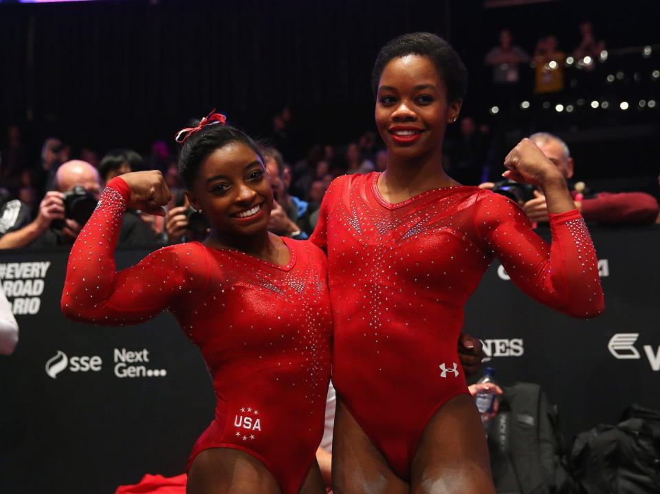 Simone Biles and Gabby Douglas at the World Artistic Gymnastics Championships.