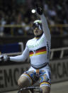 Robert Forstemann from Team Erdgas, celebrates after won the golden medal in thel men's sprint race as part of the UCI Track World Cup at the Alcides Nieto Patino velodrome on December 3, 2011 in Cali, Colombia. (Getty Images)