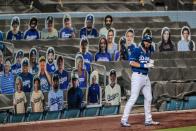<p>Cardboard fans seem enthralled with a close up view of Dodgers hitter Gabin Lux as he waits to bat against the Diamondbacks at Dodger Stadium.</p>