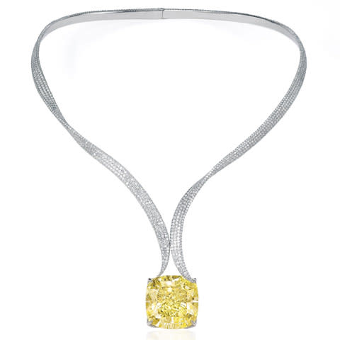 Sotheby's Diamond Enigma necklace in platinum with diamonds and a 74.49-carat fancy vivid yellow diamond 