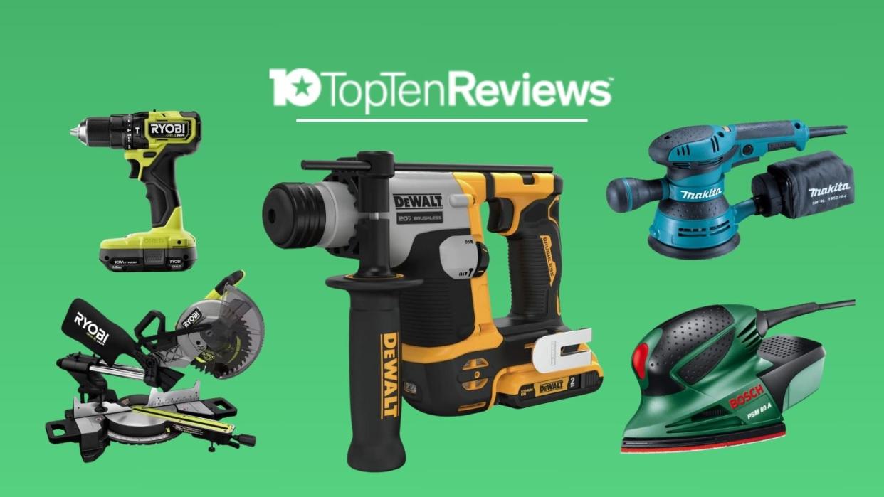  Selection of five power tools on green background with Top Ten Reviews logo. 