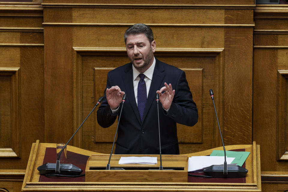 PASOK-Movement for Change (KINAL) leader, Nikos Androulakis, addresses lawmakers during a parliament session in Athens, Greece, Thursday, March 28, 2024. A Greek opposition party Tuesday submitted a motion of no-confidence against the government, saying that it tried to cover up its responsibility over a deadly rail disaster last year that shocked Greece. The three-day debate in parliament is due to end with a vote late Thursday, March 28. (AP Photo/Petros Giannakouris)