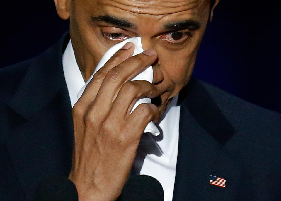 <p>President Barack Obama wipes his tears as he speaks at McCormick Place in Chicago, Tuesday, Jan. 10, 2017, giving his presidential farewell address. (AP Photo/Charles Rex Arbogast) </p>