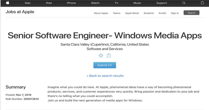 蘋果在招攬Windows 媒體軟體工程師。（圖／翻攝自APPLE）