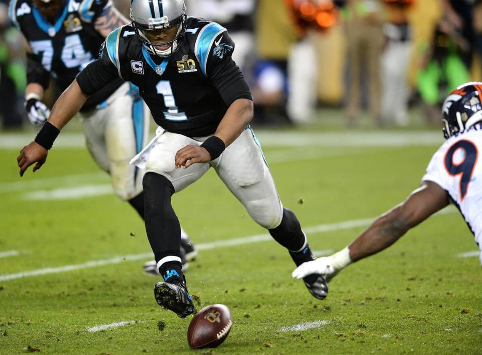 Carolina Panthers quarterback Cam Newton chases after the ball after being stripped by Denver Broncos linebacker Von Miller during the fourth quarter of Super Bowl 50 in Santa Clara, Calif., on Feb. 7, 2016. Although Newton pursued the fumble at first, he decided not to try to jump on it, and Denver recovered inside Carolina’s 10 and soon scored the game-winning touchdown in a 24-10 win.