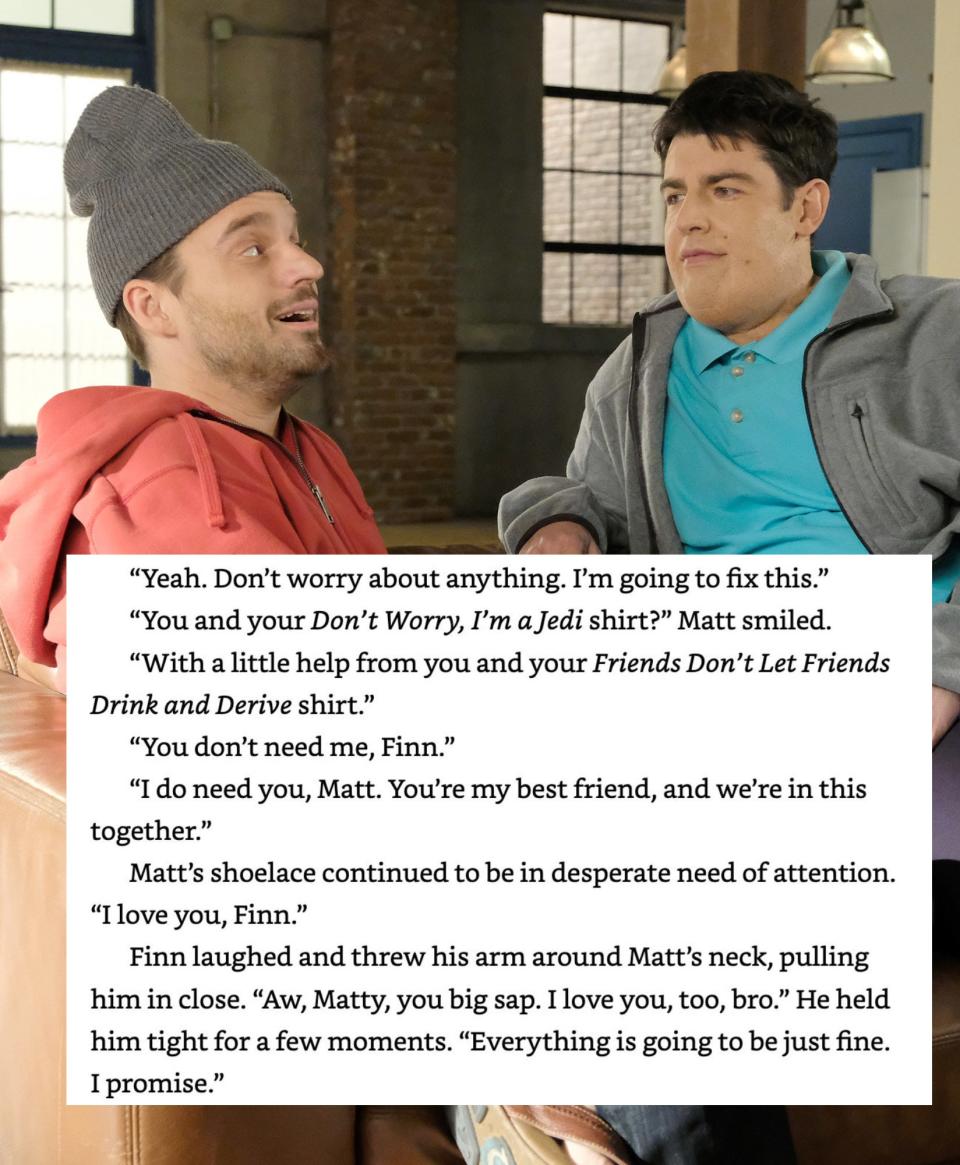 Jake Johnson and Max Greenfield in "New Girl" (insert) excerpt from Jessica Park's "Flat-Out Matt"