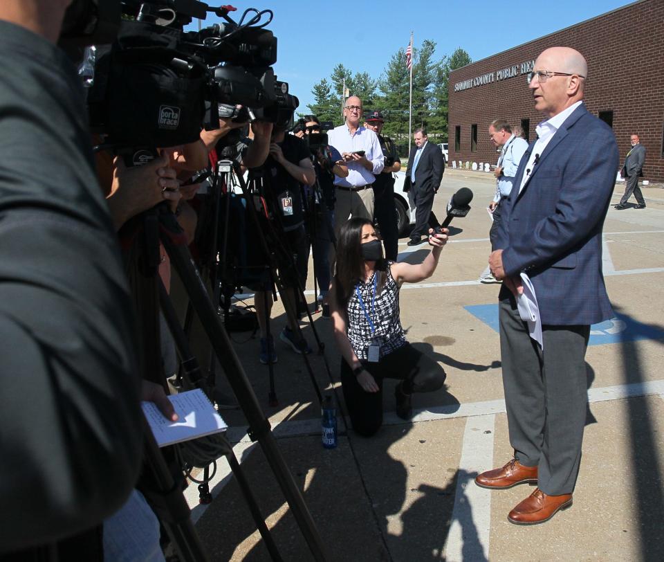 Ken Abbarno, a member of the legal team representing the family of Jayland Walker, talks to the media after the results of Jayland Walker's autopsy were released during a press conference at Summit County Public Health on Friday in Akron. 