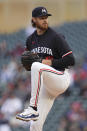 Minnesota Twins pitcher Bailey Ober winds up to deliver during the first inning of a baseball game against the Los Angeles Dodgers, Monday, April 8, 2024, in Minneapolis. (AP Photo/Abbie Parr)