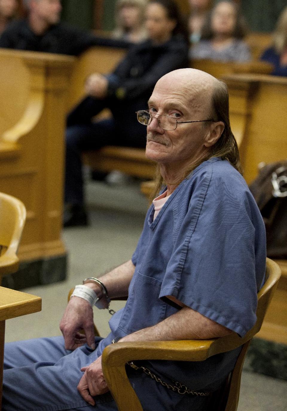 FILE - In this Oct. 9, 2013, file photo, convicted sexual predator Jeffrey Cutlip sits in court where he entered guilty pleas to three old Oregon homicides in Portland, Ore. Cutlip is scheduled to be formally sentenced Friday, Jan. 17, 2014 to life in prison. (AP Photo/The Oregonian, Beth Nakamura, File) MAGS OUT; TV OUT; LOCAL TV OUT; LOCAL INTERNET OUT; THE MERCURY OUT; WILLAMETTE WEEK OUT; PAMPLIN MEDIA GROUP OUT