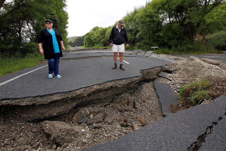 Local residents Chris and Viv Young look at damage caused by an earthquake along State Highway One, south of the township of Blenheim on South Island. REUTERS/Anthony Phelps