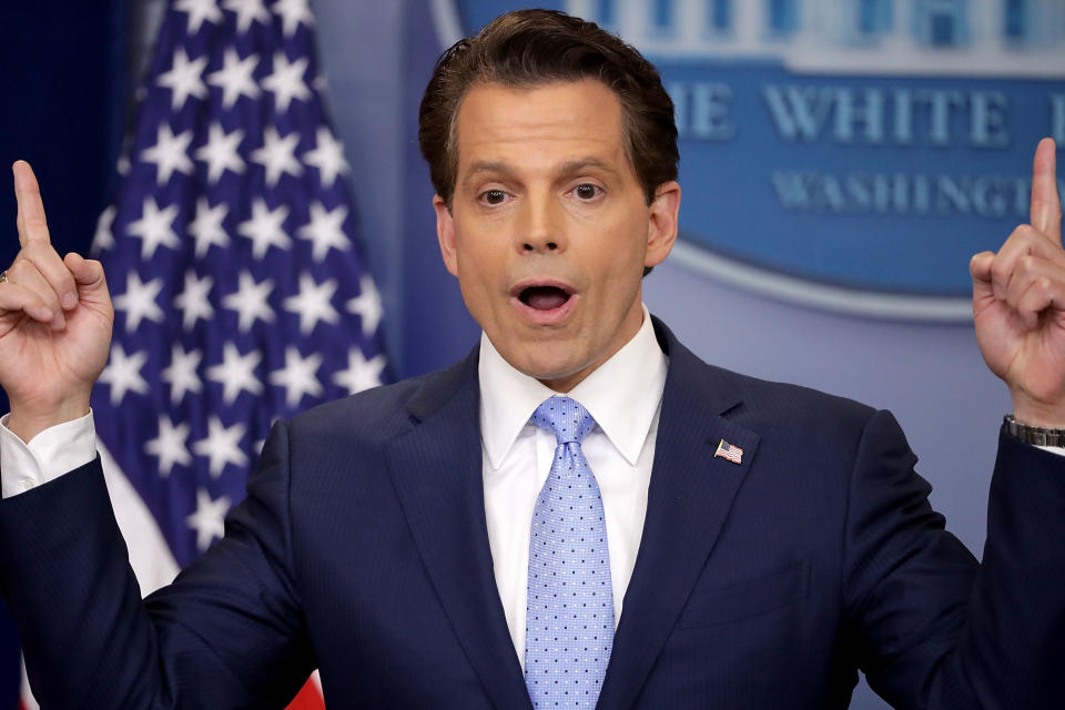 WASHINGTON, DC - JULY 21:  Anthony Scaramucci answers reporters' questions during the daily White House press briefing in the Brady Press Briefing Room at the White House July 21, 2017 in Washington, DC. White House Press Secretary Sean Spicer quit after it was announced that Trump hired Scaramucci, a Wall Street financier and longtime supporter, to the position of White House communications director.  (Photo by Chip Somodevilla/Getty Images)