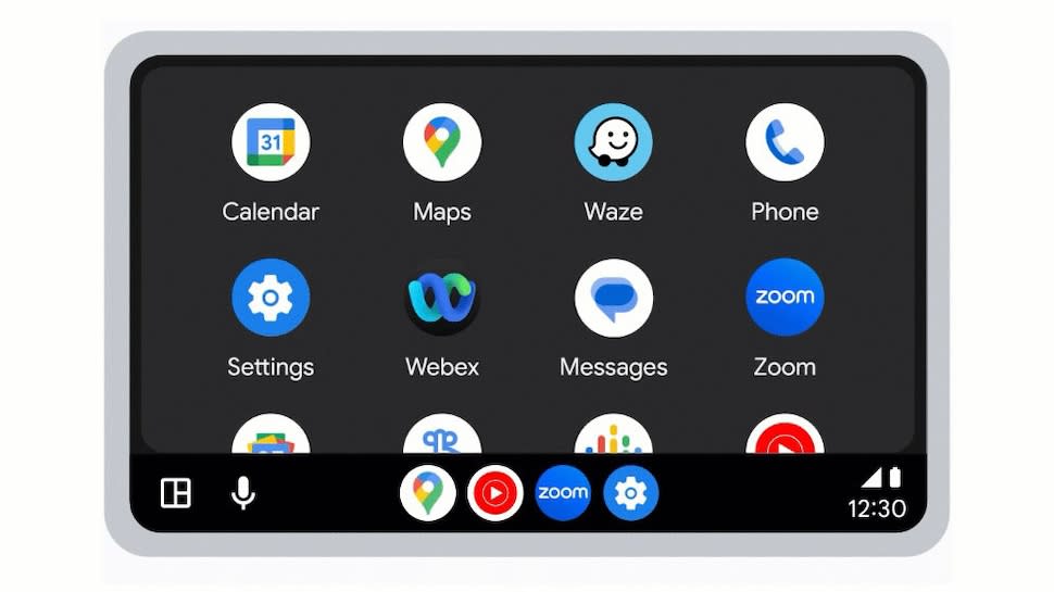  In-car display with Android Auto interface, showing new Zoom and WebEx applications 