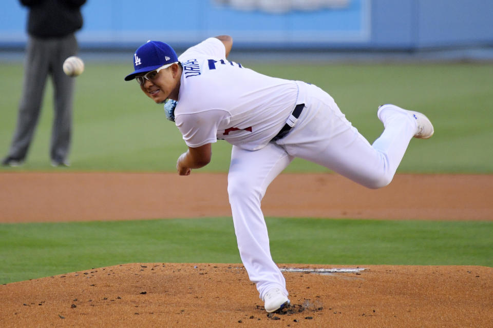 Los Angeles Dodgers starting pitcher Julio Urias throws to the plate during the first inning of a baseball game against the San Francisco Giants Friday, Aug. 7, 2020, in Los Angeles. (AP Photo/Mark J. Terrill)