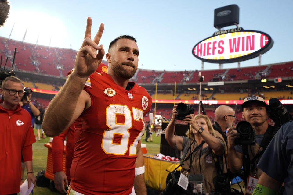Kansas City Chiefs tight end Travis Kelce heads off the field following an NFL football game against the Los Angeles Chargers Sunday, Oct. 22, 2023, in Kansas City, Mo. The Chiefs won 31-17. (AP Photo/Ed Zurga)