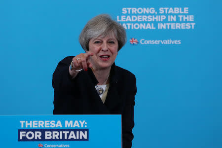 Britain's Prime Minister Theresa May speaks at a campaign event in North Tyneside, Britain May 12, 2017. REUTERS/Scott Heppell
