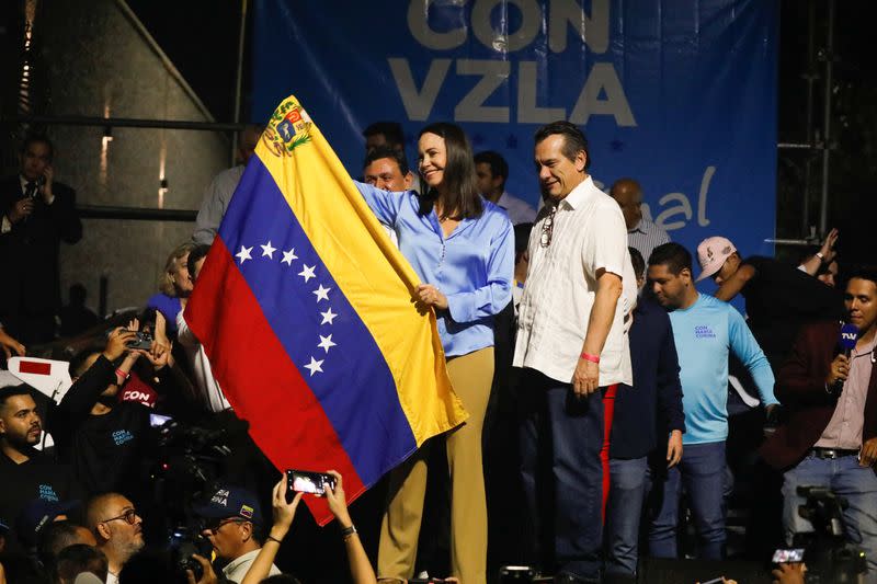 Maria Corina Machado addresses the audience, in Caracas