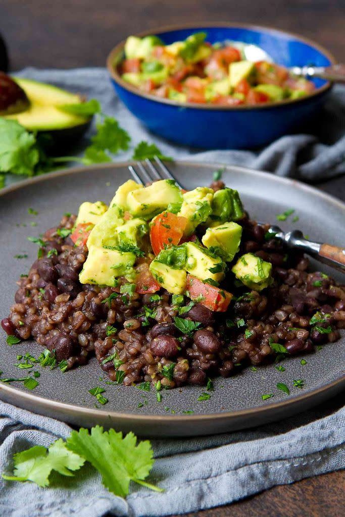 Instant Pot Black Beans and Rice with Avocado Salsa