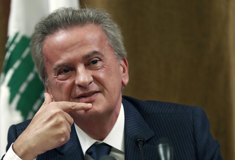 FILE - Riad Salameh, Lebanon's Central Bank governor, attends a news conference, in Beirut, on Nov. 11, 2019. Salameh on Thursday March 16, 2023, showed up for questioning for the first time before a European legal team visiting Beirut in a money-laundering probe linked to the governor. (AP Photo/Hussein Malla, File)