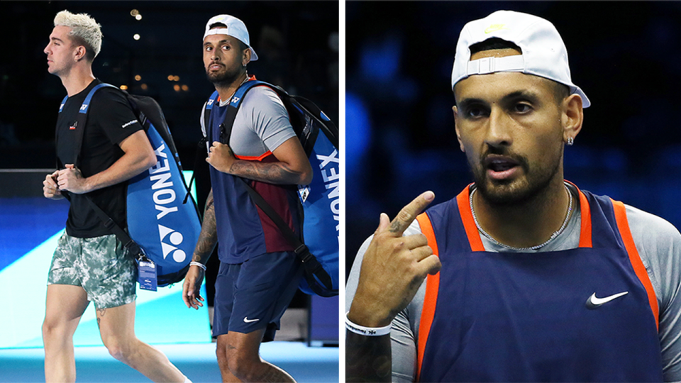 Nick Kyrgios and Thanasi Kokkinakis (pictured left) walk out at the ATP Finals and (pictured right) Kyrgios reacting after a point.