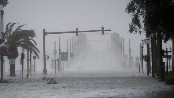 Wind and water from Hurricane Matthew batter downtown St. Augustine, Fla. on Oct. 7, 2016.