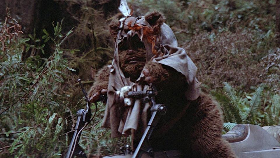 An Ewok on a speeder bike in in Return of the Jedi