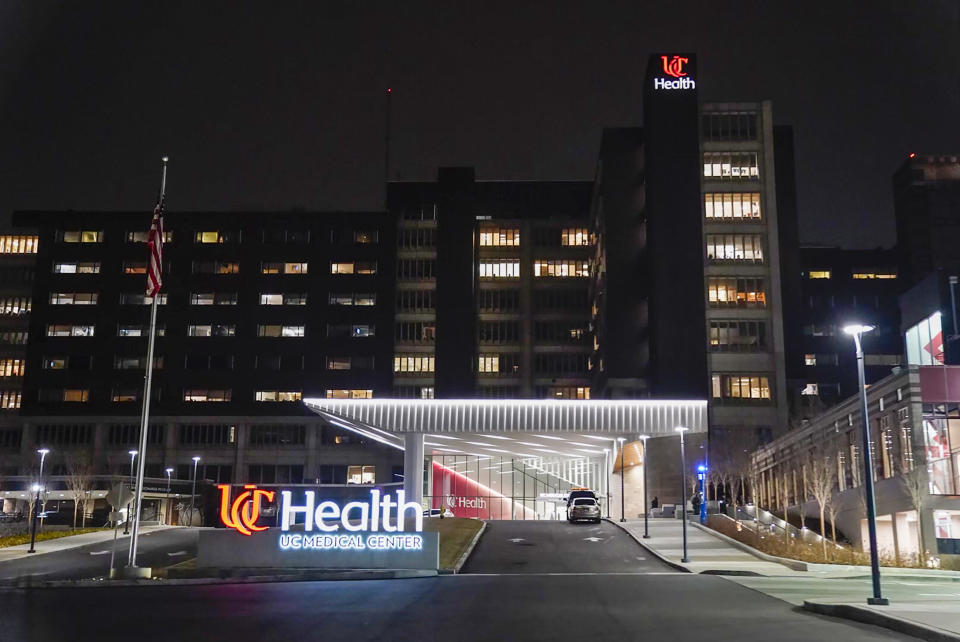 University of Cincinnati Medical Center is viewed Monday, Jan. 2, 2023, in Cincinnati, where Buffalo Bills' Damar Hamlin was taken after collapsing on the field during an NFL football game against the Cincinnati Bengals. (AP Photo/Jeff Dean)