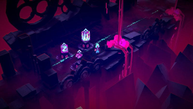 A player stops to collect rewards in a purpley dungeon.