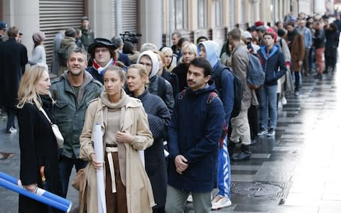 The queue for one-man protests by the Russian Presidential Executive Office stretched down the street - Credit: Photo by Sergei Karpukhin\\TASS via Getty Images