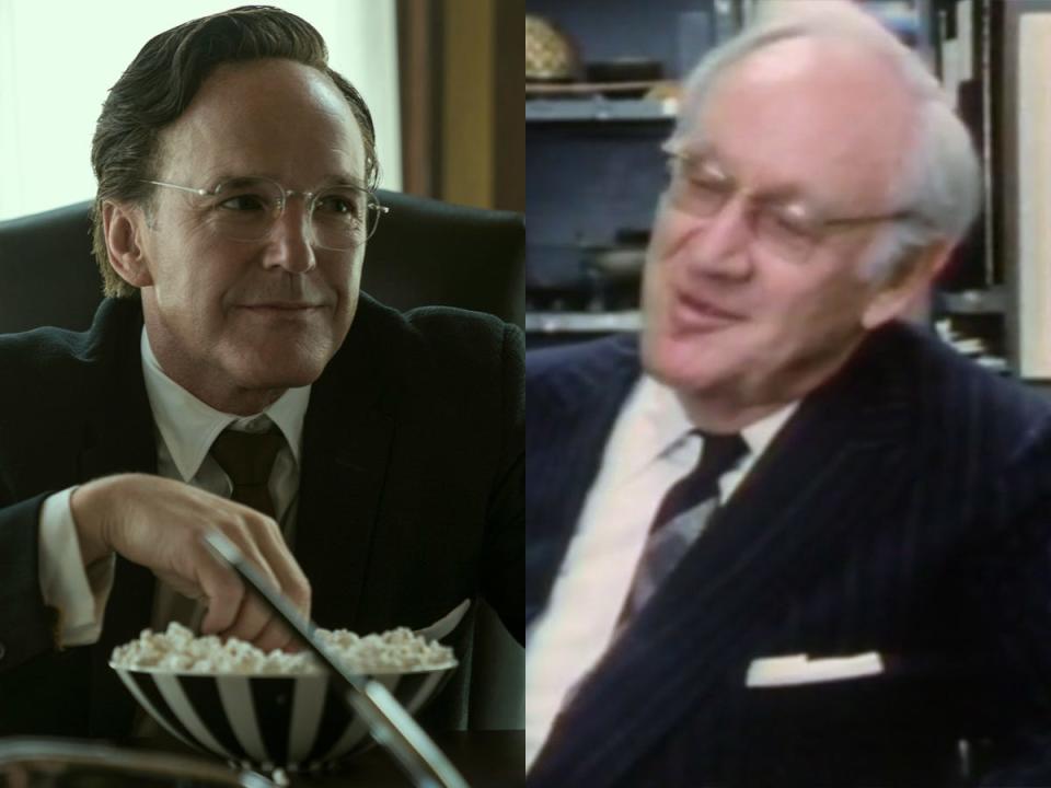 A side-by-side image of Clark Gregg as Arthur Sackler on Netflix's "Painkiller," and the real-life Arthur Sackler, as shown on HBO's docuseries "Crime of the Century."