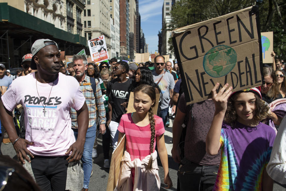 Swedish environmental activist Greta Thunberg, center, takes part during the Climate Strike, Friday, Sept. 20, 2019 in New York.  (Photo: Eduardo Munoz Alvarez/AP)