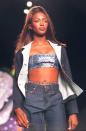 <p>Naomi Campbell pulled off an all-denim outfit with a sequin tube top layered underneath during Todd Oldham's fall fashion show.</p>