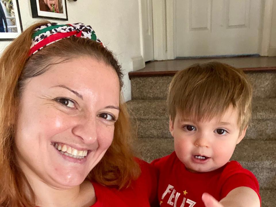 Irina Gonzalez posing in matching Christmas tops with her son, Rio, aged 3.