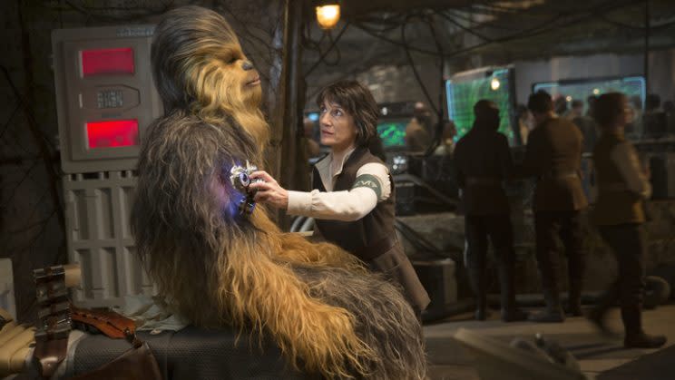 Dr. Kalonia attends to injured Chewie in 'The Force Awakens' (Lucasfilm)