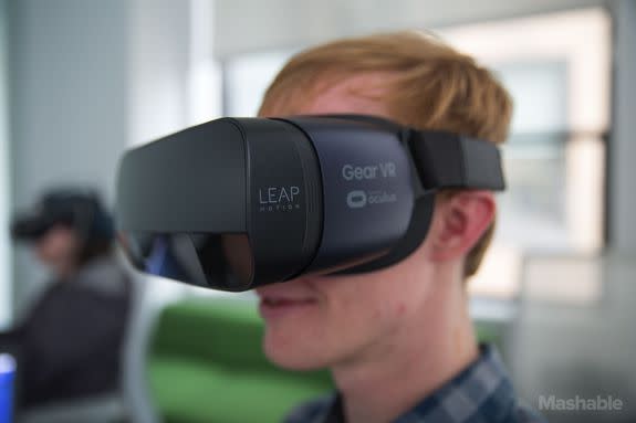 Leap Motion built a reference design for the Gear VR  with the Leap Motion module embedded within a cover.