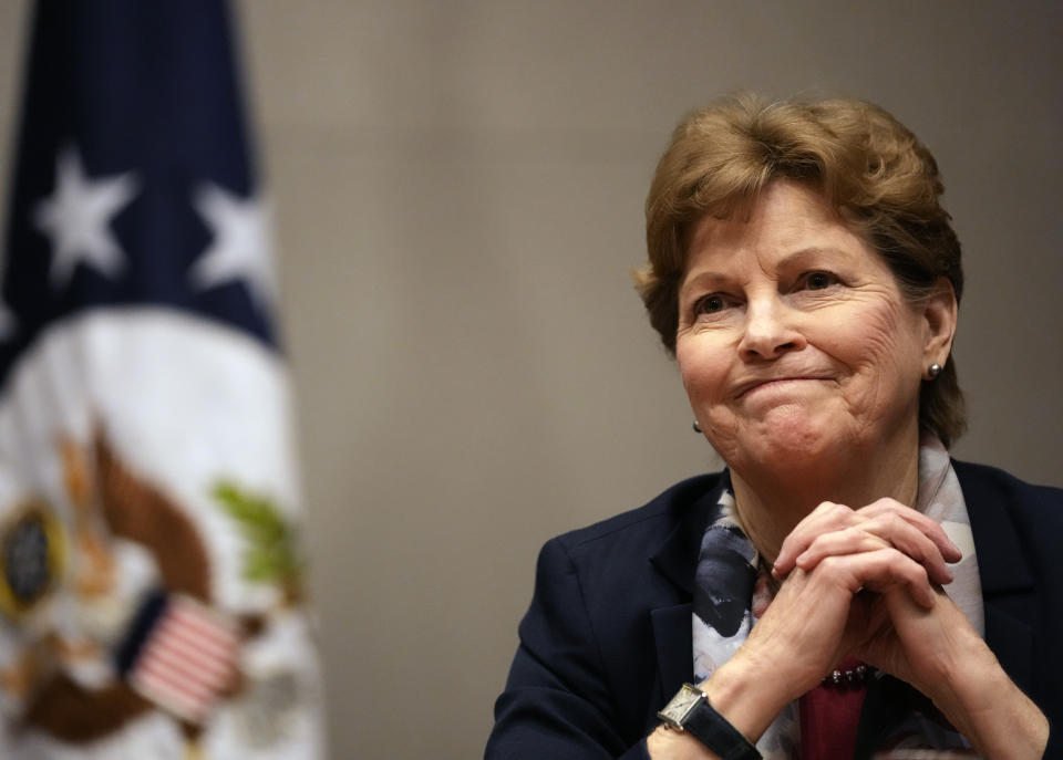 U.S. Senator Jeanne Shaheen (D-NH) listens to a question during a press conference in the U.S. embassy in Belgrade, Serbia, Tuesday, April 19, 2022. A U.S. Senate delegation on Tuesday urged Serbia to join the rest of Europe and impose sanctions against Russia for its bloody carnage in Ukraine. Although Serbia voted in favor of three UN resolutions condemning the Russian aggression against Ukraine, it has not joined international sanctions against Moscow. (AP Photo/Darko Vojinovic)