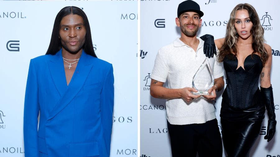 (Left) Host Law Roach; (Right) Bradley Kenneth, Music Stylist of the Year Award recipient, and Miley Cyrus attend The Daily Front Row’s Seventh Annual Fashion Los Angeles Awards at The Beverly Hills Hotel in Beverly Hills. (Stefanie Keenan/Getty Images for Daily Front Row)