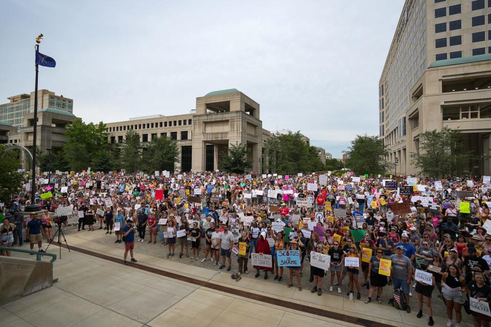 Demonstrators rally for abortion rights on Saturday, June 25, 2022, at the Indiana Statehouse in Indianapolis. The rally turned into a march around the city. There was also an anti-abortion rally held in the afternoon. 