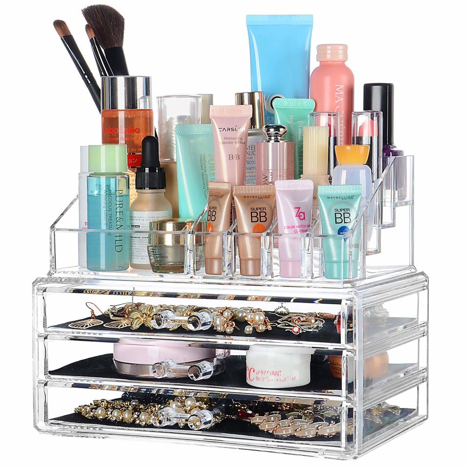 SortWise ® [DIY Buildable - L] Detachable 3 Drawers Acrylic Cosmetic Makeup Cosmetics Organizer Clear Storage Container Box Case