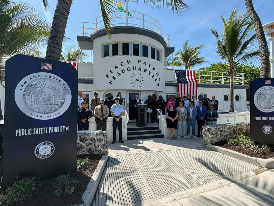 Miami Beach Mayor Steven Meiner (center) speaks during a press conference and ceremony on Ocean Drive on Tuesday, April 2, 2024, honoring law enforcement agencies for their work during spring break.