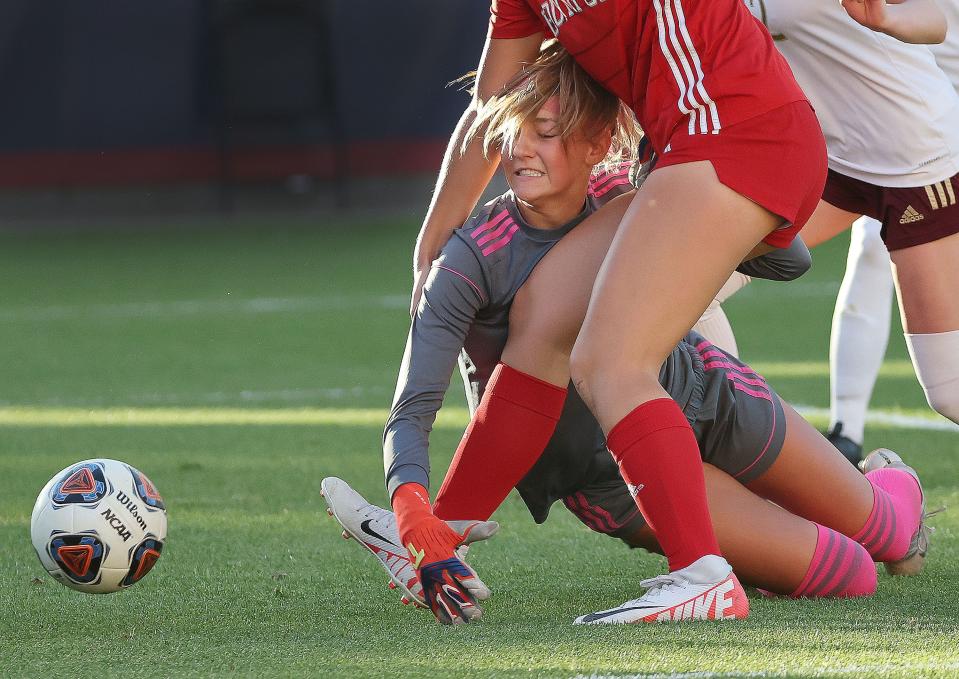 Maple Mountain goalie Anya Gulley tries to make a save on a shot by Bountiful in the 5A girls soccer championship in Sandy on Friday, Oct. 20, 2023. | Jeffrey D. Allred, Deseret News