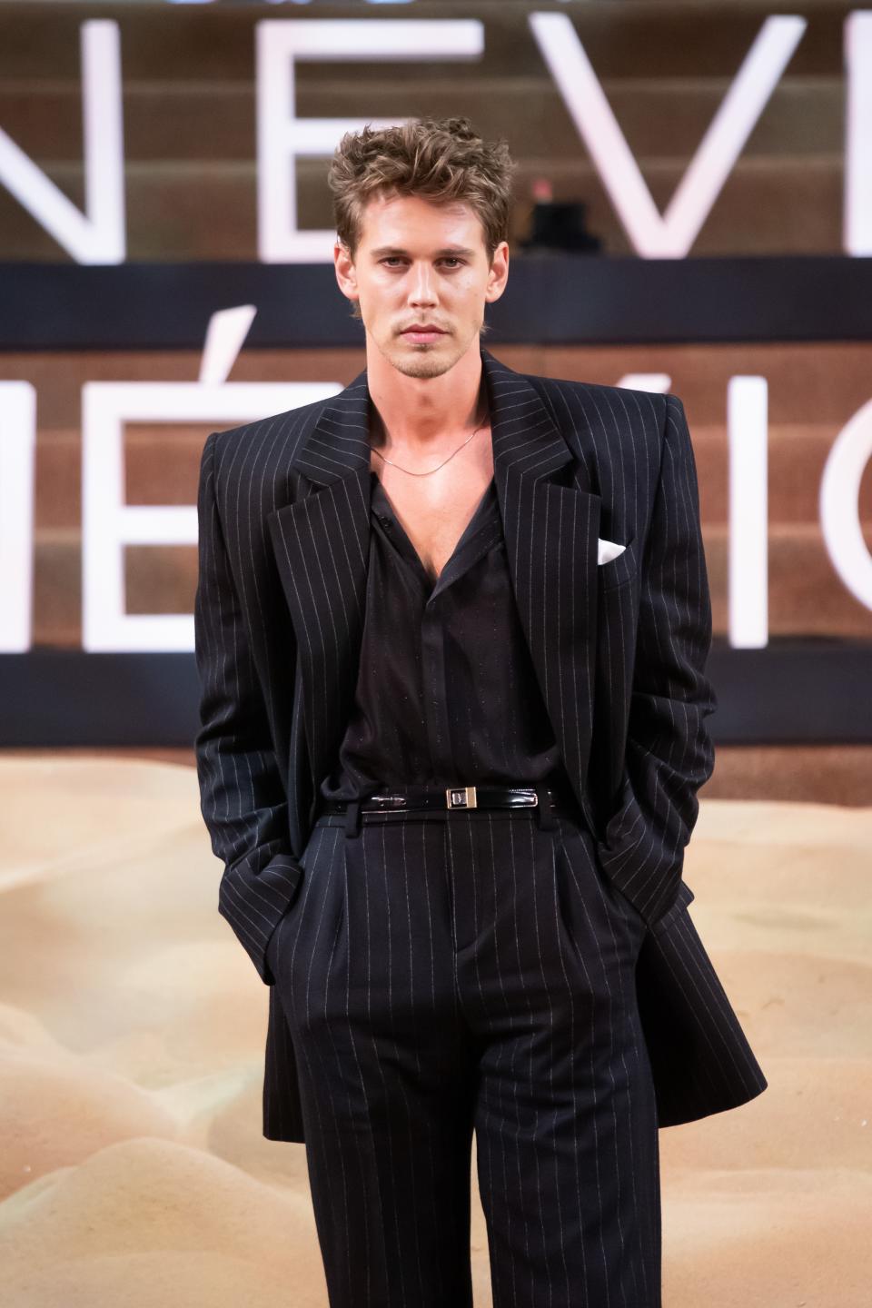 Austin Butler showing off a more dramatic, fashion-forward spin on the padded shoulder.