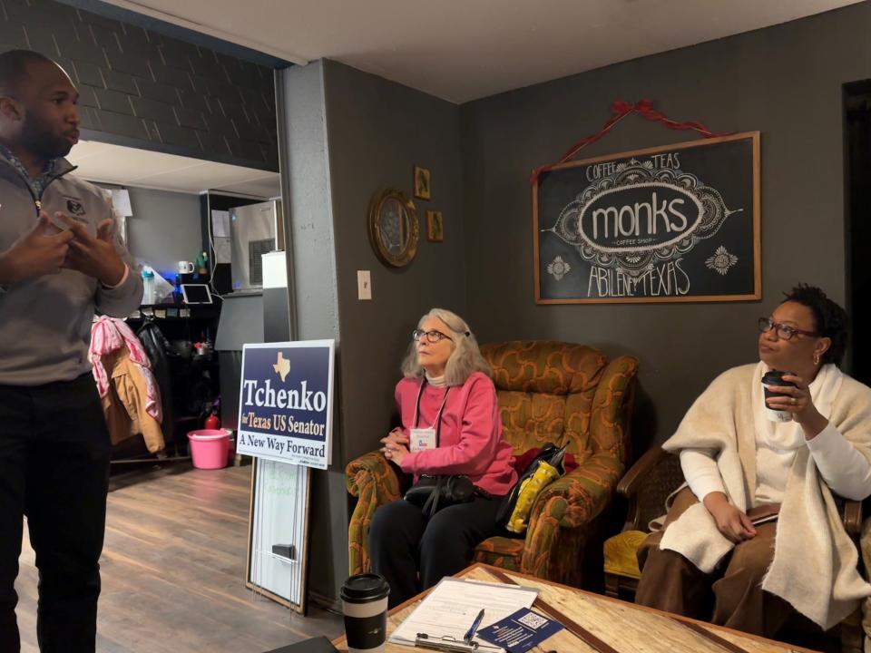 Theirry Tchenko speaks to members of the Taylor County Democratic Party on January 16, 2024, at Monk's Coffee Shop.